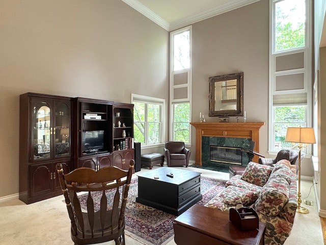 living area featuring baseboards, a healthy amount of sunlight, and carpet