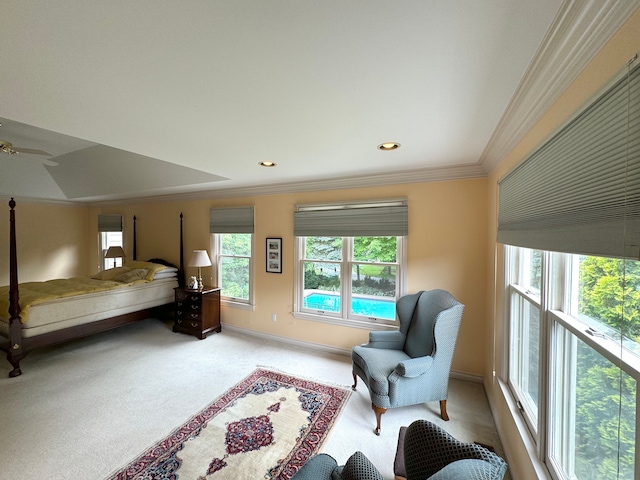 bedroom with recessed lighting, light carpet, crown molding, and baseboards