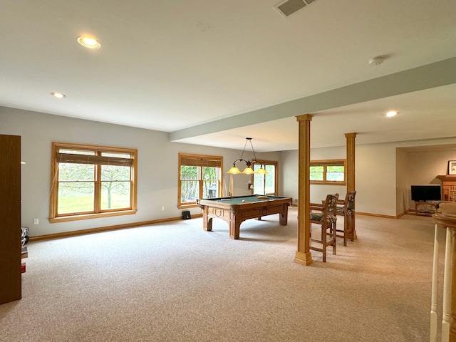 rec room with light colored carpet, baseboards, pool table, and recessed lighting