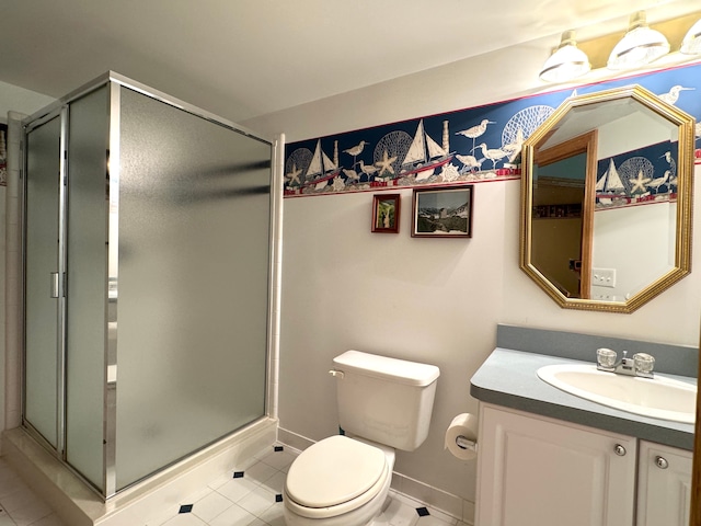 full bath with a shower stall, toilet, vanity, and tile patterned flooring