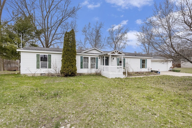 view of front of property with crawl space, a front yard, and a garage