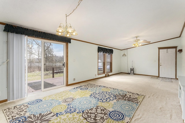 interior space featuring crown molding, baseboards, and light carpet