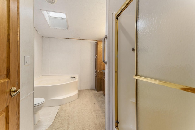 full bathroom featuring a garden tub, toilet, and an enclosed shower