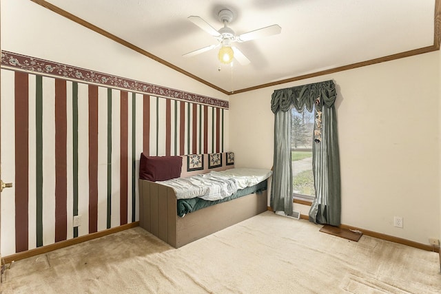 carpeted bedroom featuring lofted ceiling, crown molding, multiple windows, and baseboards