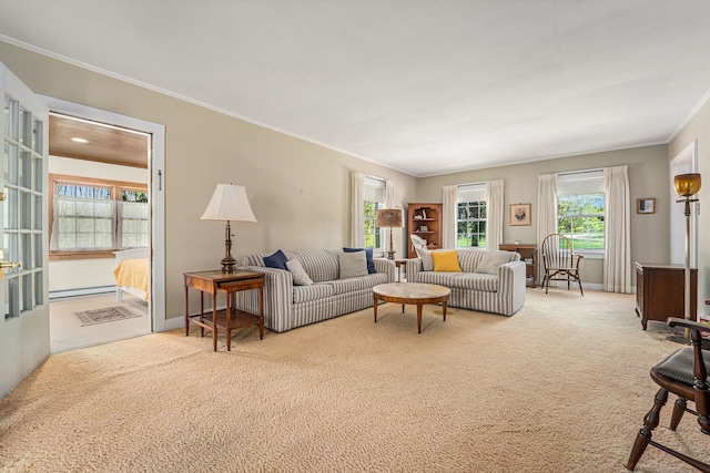 living area featuring carpet floors, baseboard heating, plenty of natural light, and ornamental molding