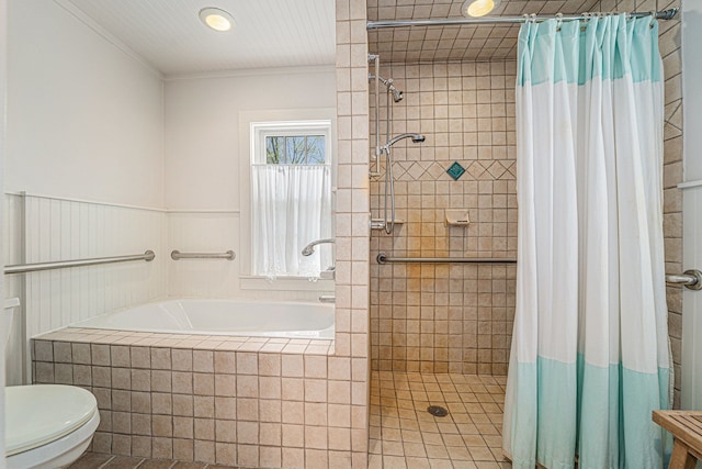 bathroom with tiled shower, a garden tub, ornamental molding, toilet, and tile patterned floors