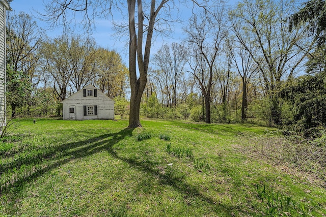 view of grassy yard featuring an outbuilding