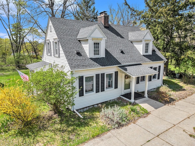 view of front of home featuring a chimney and roof with shingles