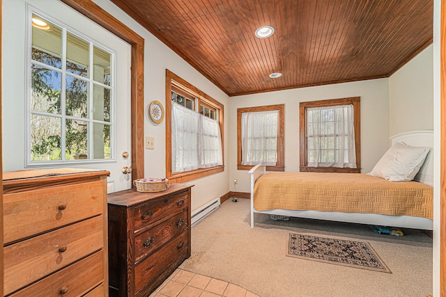 bedroom with light carpet, a baseboard heating unit, wooden ceiling, recessed lighting, and baseboards