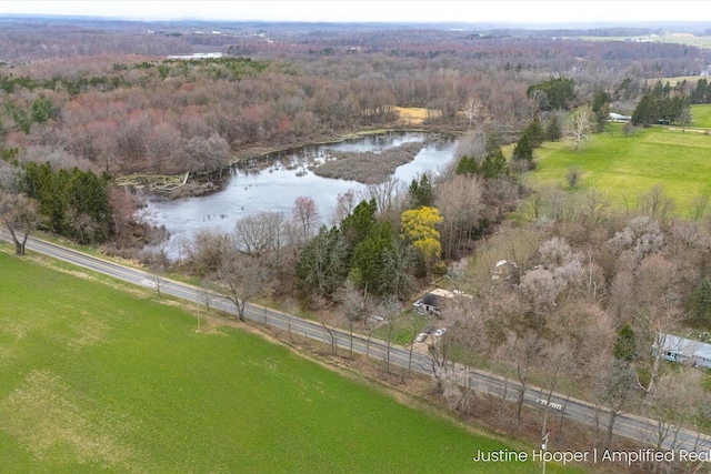 aerial view with a rural view, a view of trees, and a water view