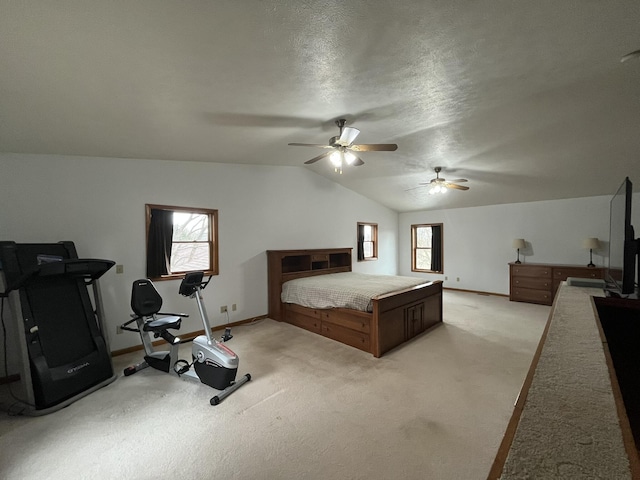 34722 36th Ave, Paw Paw, MI 49079 - bedroom with lofted ceiling, baseboards, light colored carpet, a textured ceiling, and a ceiling fan