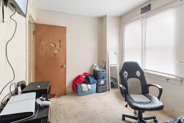 home office featuring carpet, plenty of natural light, and wood walls