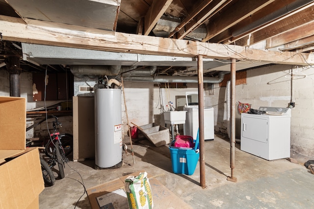 unfinished below grade area with washer / clothes dryer, water heater, and a sink