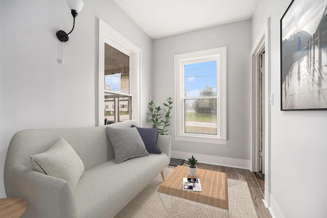 sitting room with baseboards and wood finished floors