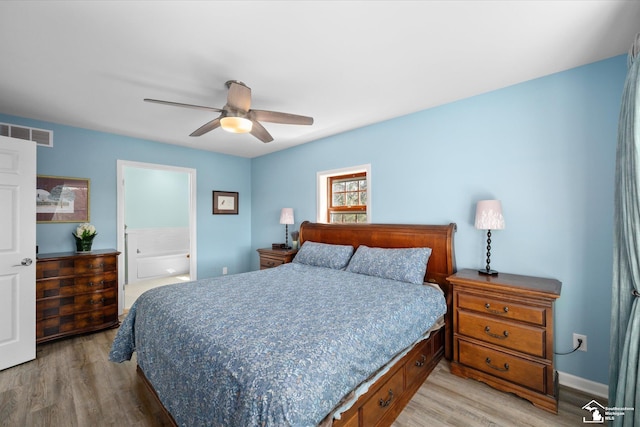 bedroom featuring light wood-style floors, visible vents, and a ceiling fan