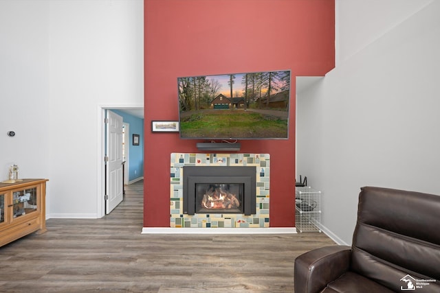 living area with a glass covered fireplace, wood finished floors, a towering ceiling, and baseboards