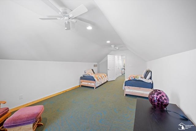 unfurnished bedroom featuring vaulted ceiling, ceiling fan, baseboards, carpet flooring, and recessed lighting