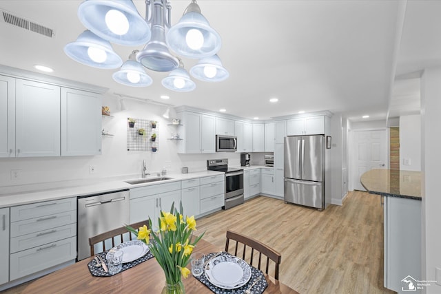kitchen featuring light wood finished floors, stainless steel appliances, open shelves, visible vents, and a sink