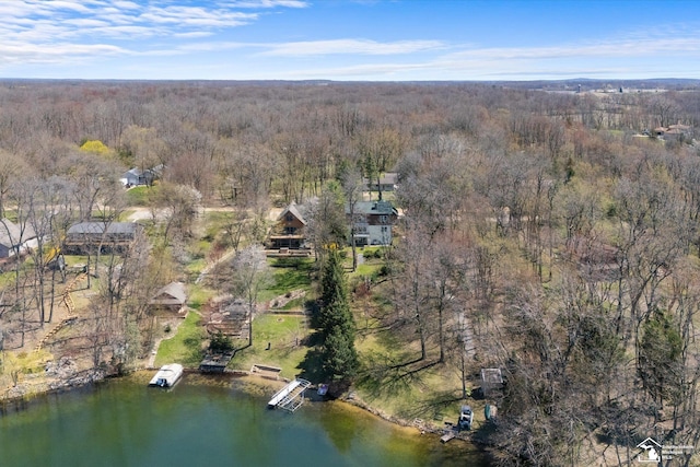 bird's eye view featuring a view of trees and a water view