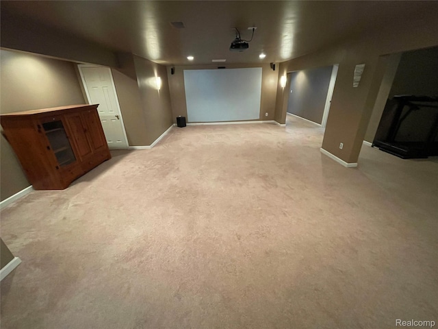 5652 N Lake Dr, Kimball, MI 48074 - home theater with baseboards, light carpet, and recessed lighting