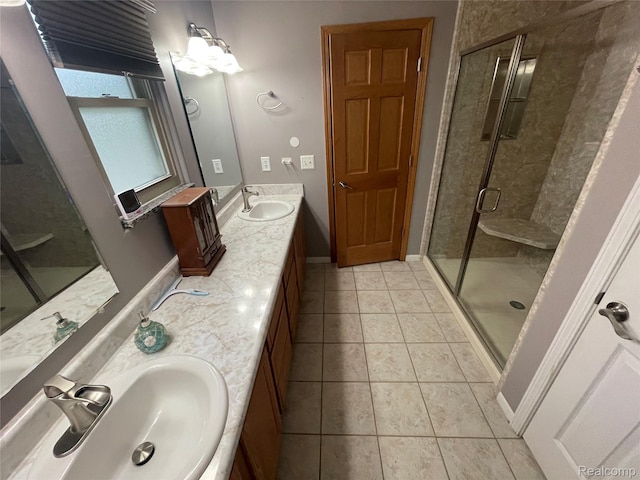 5652 N Lake Dr, Kimball, MI 48074 - full bath with double vanity, a shower stall, and tile patterned flooring