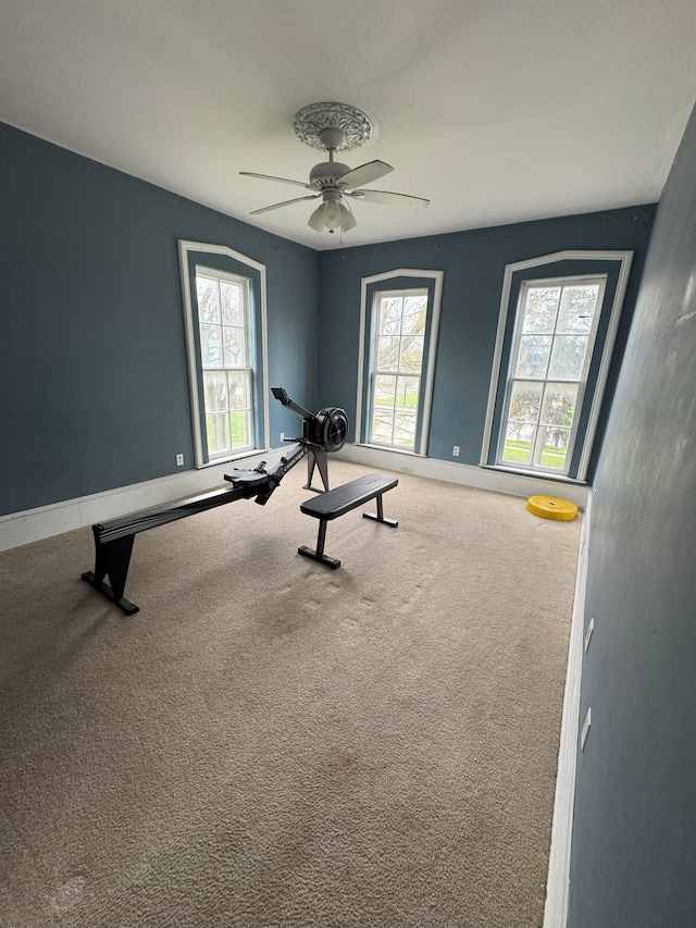 8083 S State Rd, Goodrich, MI 48438 - workout area with carpet flooring, a ceiling fan, and baseboards