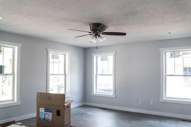1024 Clinton Ave, Kalamazoo, MI 49001 - empty room featuring a ceiling fan, a textured ceiling, concrete flooring, baseboards, and visible vents