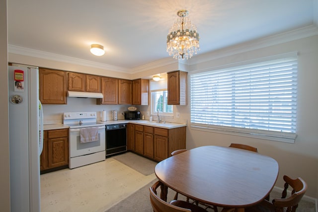 kitchen with an inviting chandelier, crown molding, brown cabinetry, under cabinet range hood, and black appliances