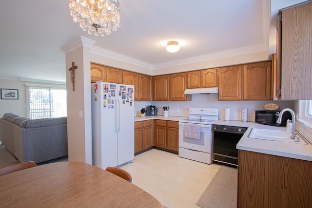 kitchen with brown cabinets, under cabinet range hood, a sink, white appliances, and open floor plan