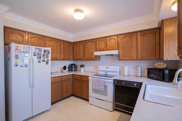 kitchen featuring a sink, brown cabinets, light countertops, under cabinet range hood, and black appliances