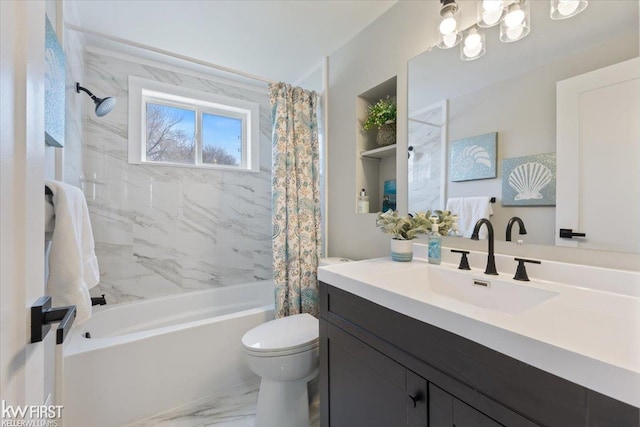 full bathroom featuring marble finish floor, shower / bath combination with curtain, toilet, vanity, and a notable chandelier