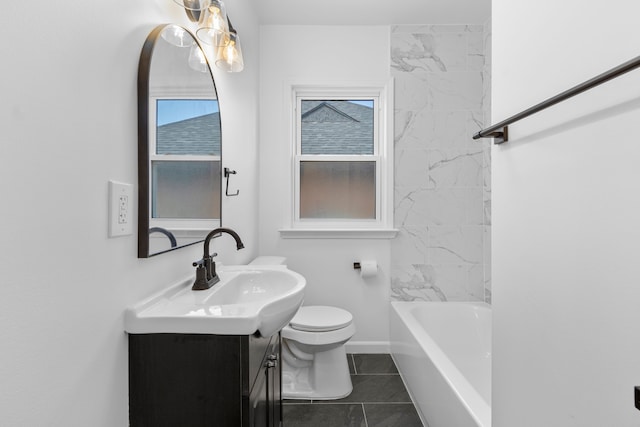 full bath featuring shower / bathing tub combination, vanity, baseboards, toilet, and tile patterned flooring