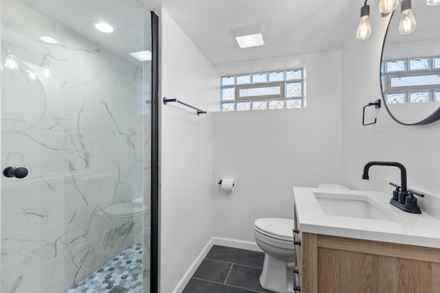 full bath featuring plenty of natural light, a marble finish shower, and toilet