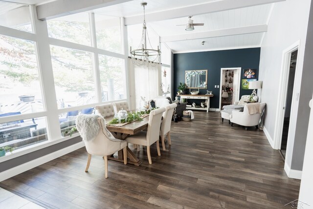 7841 Peninsular Dr, Farwell, MI 48622 - dining room with wood finished floors, baseboards, lofted ceiling with beams, and ceiling fan with notable chandelier