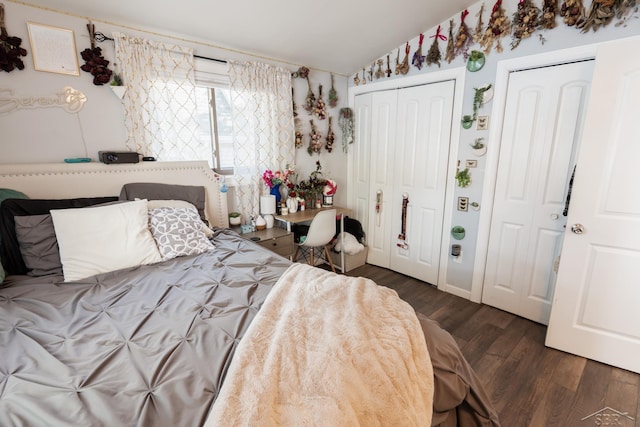 7841 Peninsular Dr, Farwell, MI 48622 - bedroom featuring vaulted ceiling, multiple closets, and dark wood-style flooring