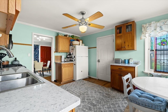45520 Deshon St, Utica, MI 48317 - kitchen featuring ceiling fan, crown molding, light countertops, and freestanding refrigerator