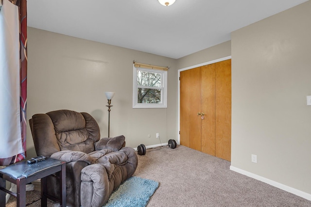 sitting room featuring baseboards and carpet