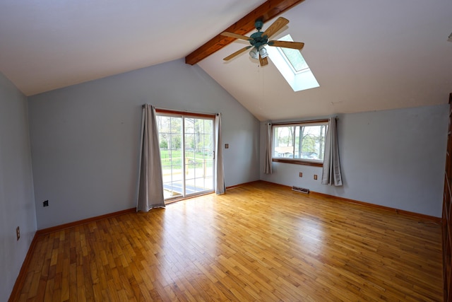 69369 Oak St, Benton Harbor, MI 49022 - spare room with light wood finished floors, visible vents, lofted ceiling with skylight, and ceiling fan