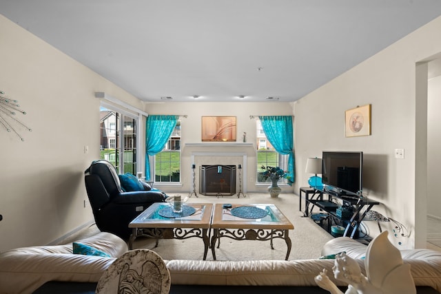 52140 Naugatuck Dr, Macomb, MI 48042 - living room with carpet floors, a healthy amount of sunlight, and a fireplace