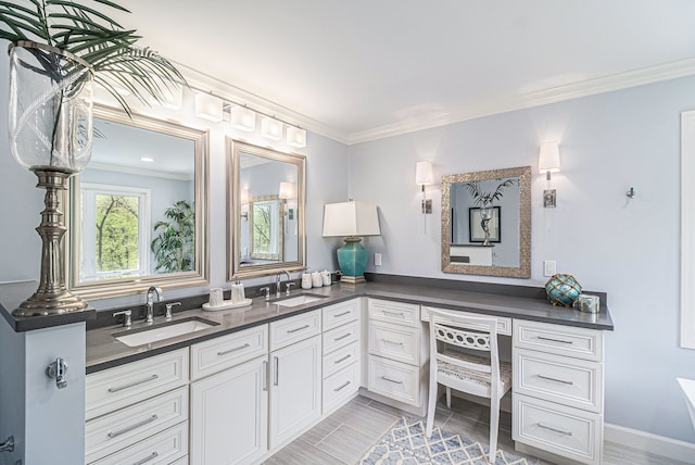 975 Pine Needle Trl, Rochester, MI 48306 - bathroom featuring crown molding and double vanity