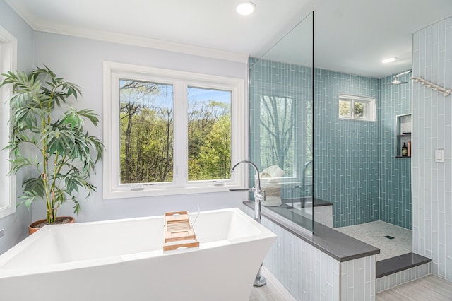 975 Pine Needle Trl, Rochester, MI 48306 - full bath with a freestanding bath, walk in shower, crown molding, and recessed lighting