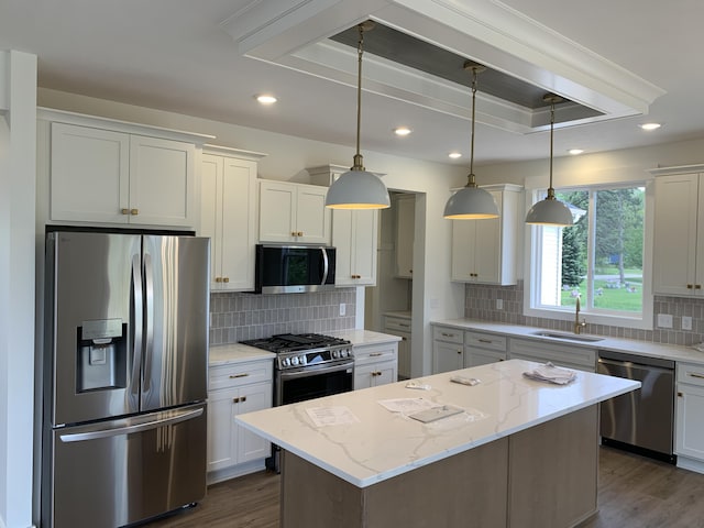 1060 N Wahington St, Lowell, MI 49331 - kitchen with appliances with stainless steel finishes, a sink, a center island, dark wood-style flooring, and recessed lighting