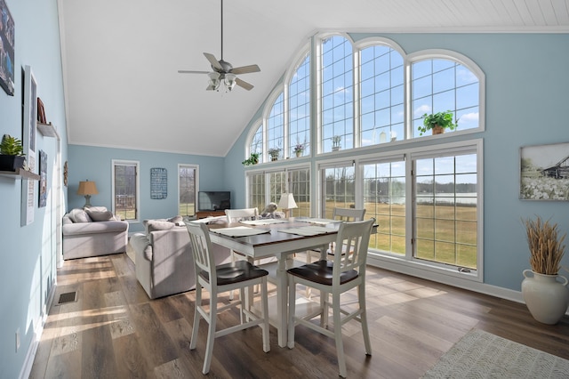 dining room with high vaulted ceiling, ceiling fan, visible vents, wood finished floors, and baseboards