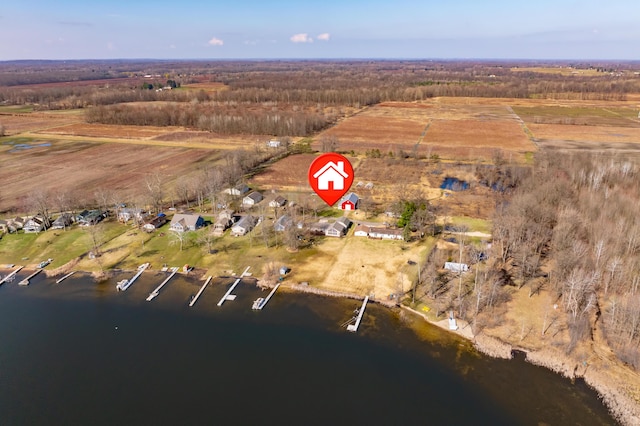 bird's eye view featuring a water view and a rural view