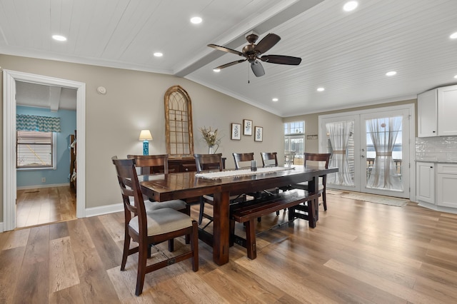 dining space with baseboards, ornamental molding, recessed lighting, a ceiling fan, and light wood finished floors