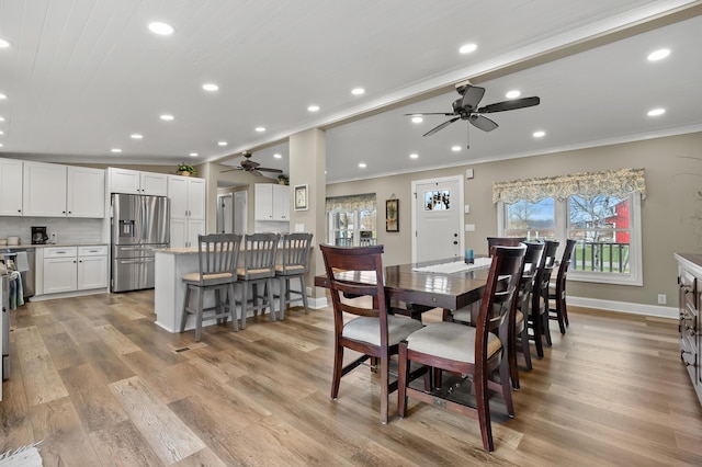dining area with recessed lighting, light wood-style flooring, a ceiling fan, and ornamental molding