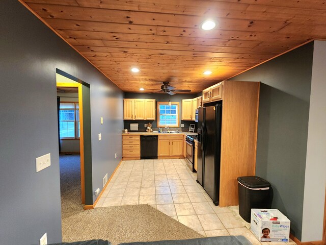 6039 W Morris Lake Rd, Mears, MI 49436 - kitchen with light brown cabinetry, recessed lighting, ceiling fan, wood ceiling, and black appliances