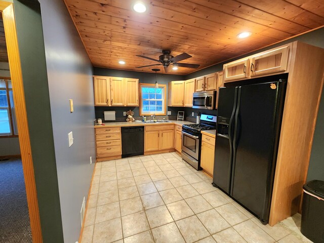 6039 W Morris Lake Rd, Mears, MI 49436 - kitchen featuring light brown cabinetry, a sink, recessed lighting, wooden ceiling, and black appliances