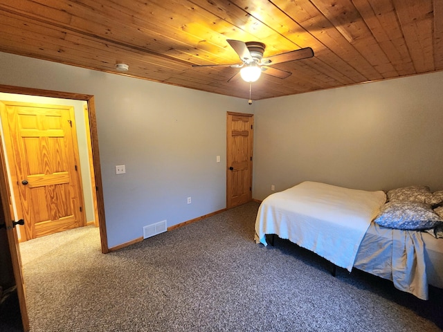 6039 W Morris Lake Rd, Mears, MI 49436 - bedroom with baseboards, visible vents, carpet, ceiling fan, and wooden ceiling
