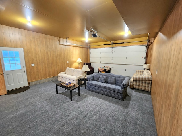 6039 W Morris Lake Rd, Mears, MI 49436 - carpeted living room featuring wooden walls and a garage